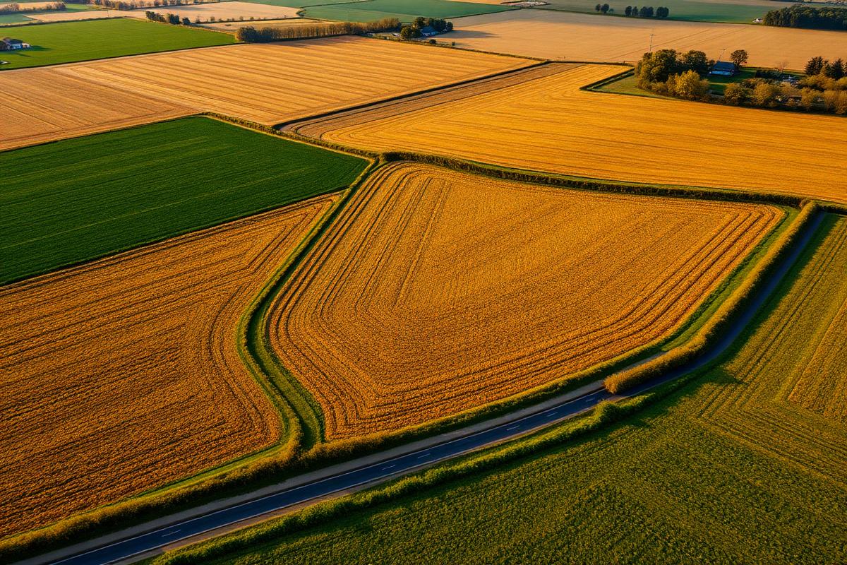 Aerial view of agricultural farmland acreage with a country road