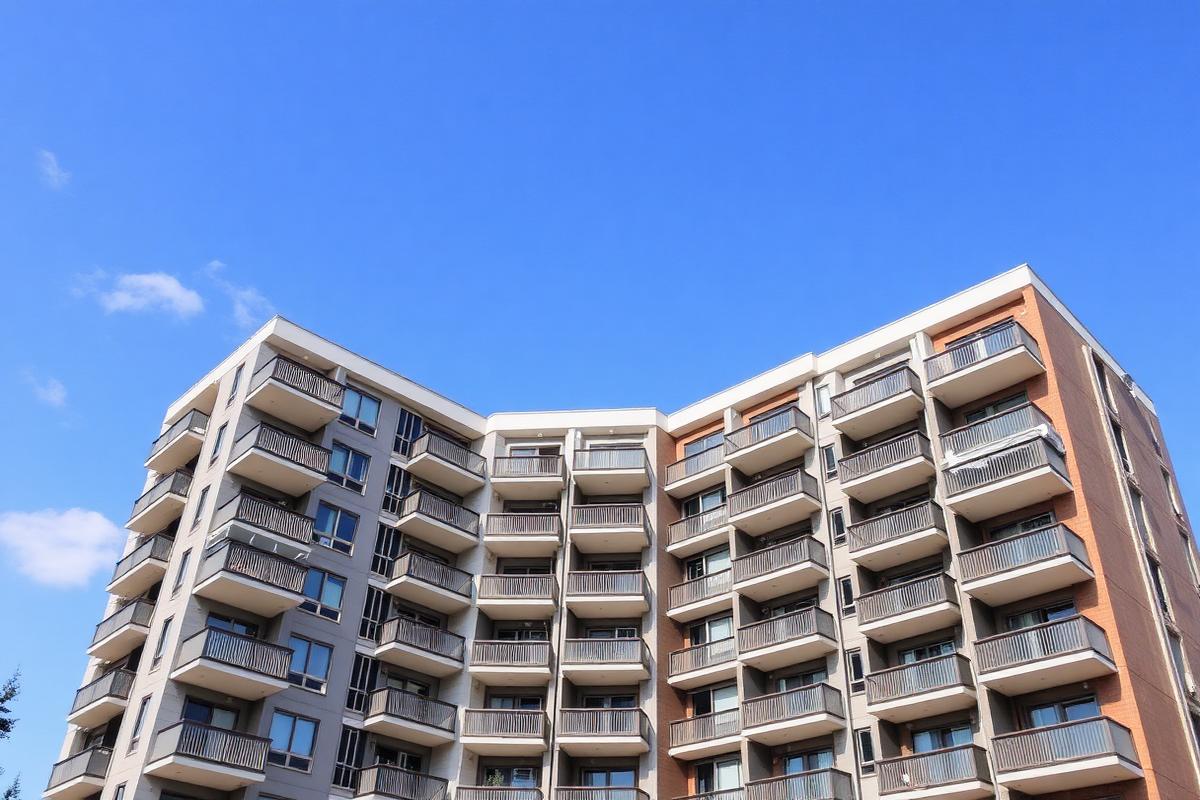 Newly built mid-rise apartment building with balconies under a blue sky